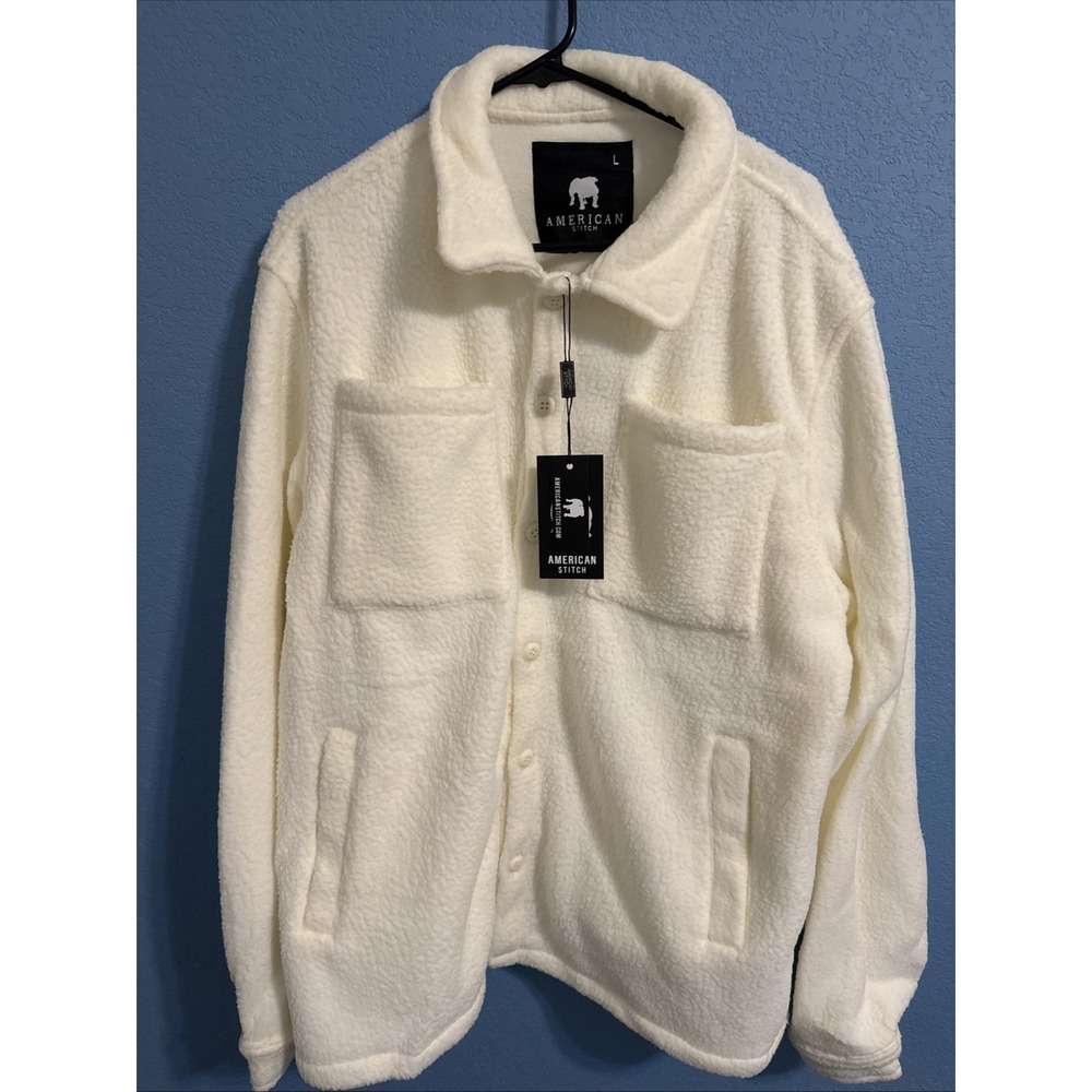 American Stitch Mens White DBL Pocket Button Down Fleece Jacket FW24-T1208 L NEW